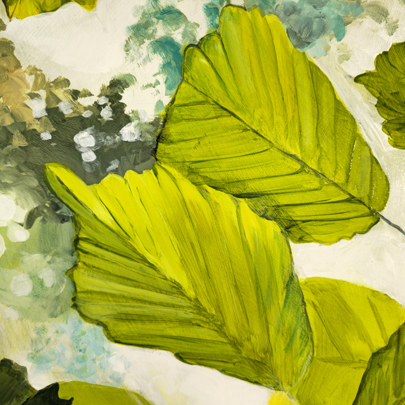 Close-up detail of green leaves in Cedar Lee painting