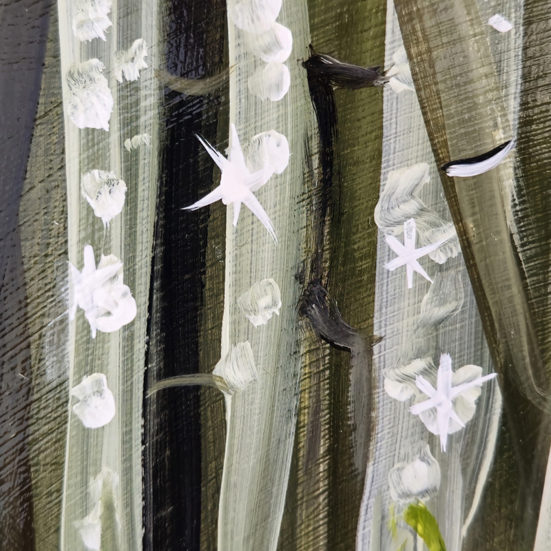 Close-up detail of painting of Hawaiian bamboo forest