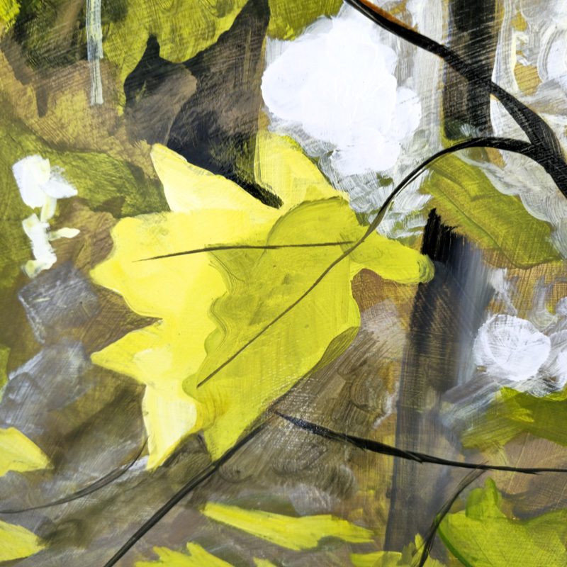 Close-up detail of painting of big leaf maple leaves in fall