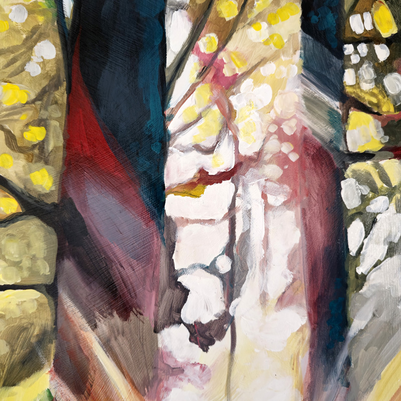 Close-up detail of shapes and colors in Cedar Lee forest painting