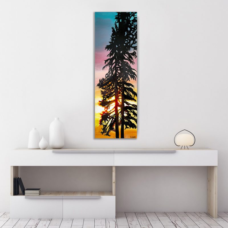 Colorful sunshine tree paintings by Cedar Lee: Mt. Tabor Sunset