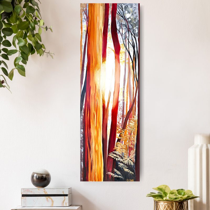 Colorful sunshine tree paintings by Cedar Lee: Orange Red Forest