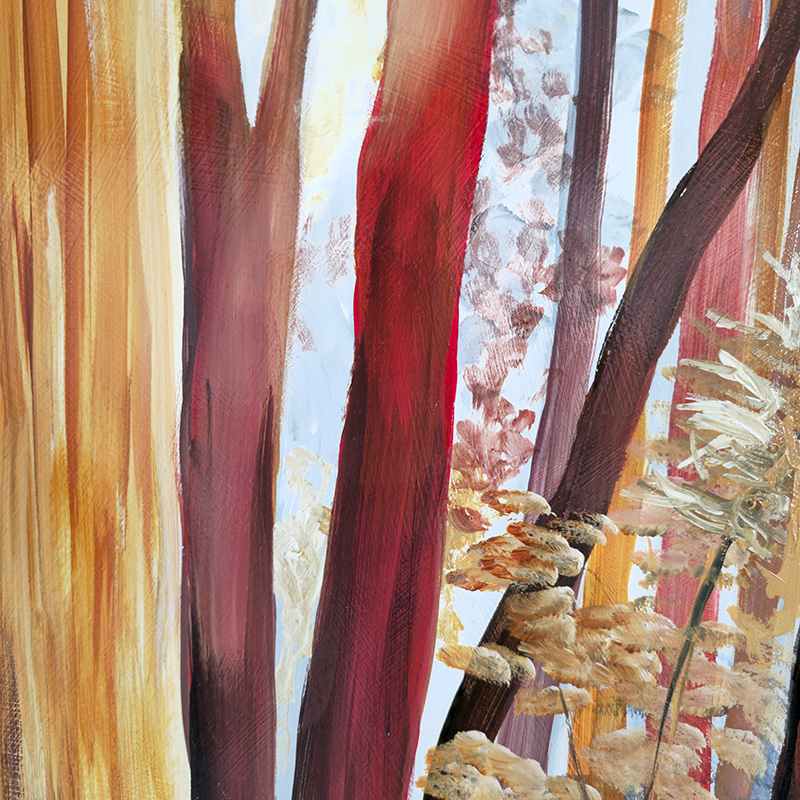 Closeup detail of sun shining through tree trunks in Cedar Lee painting