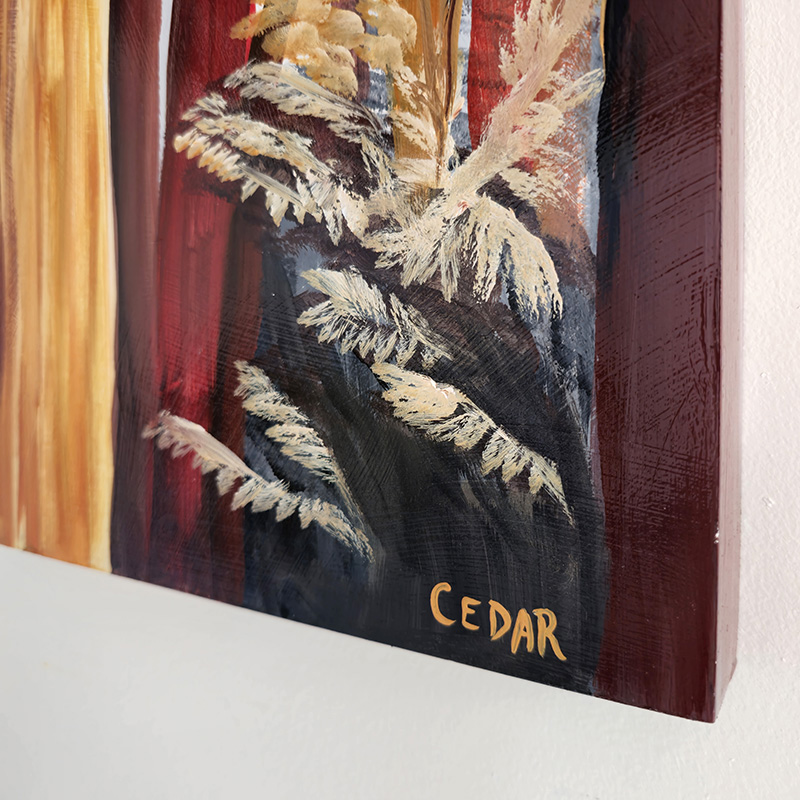 Closeup detail showing artist signature on Cedar Lee painting