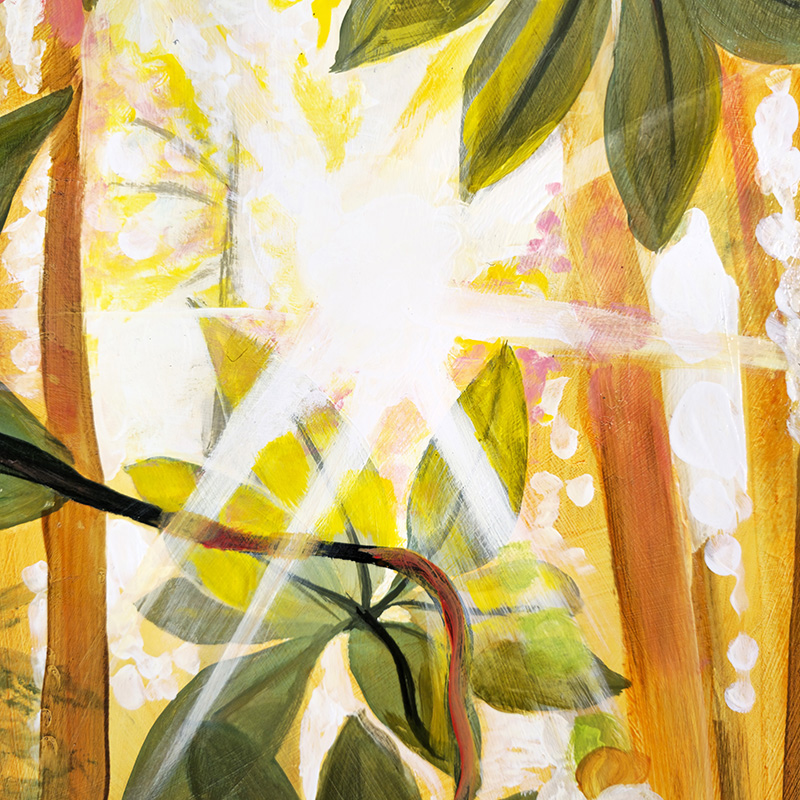 Closeup detail of the rays of the sun in Cedar Lee painting Sunlit Rhododendron: Orange