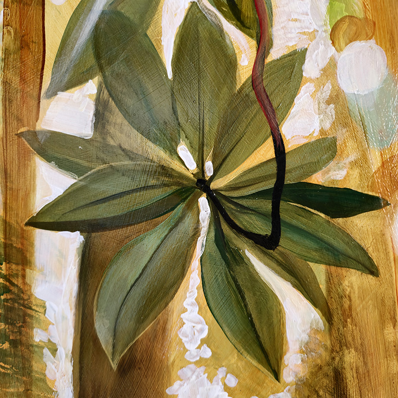 Closeup of rhododendron leaves in Cedar Lee painting