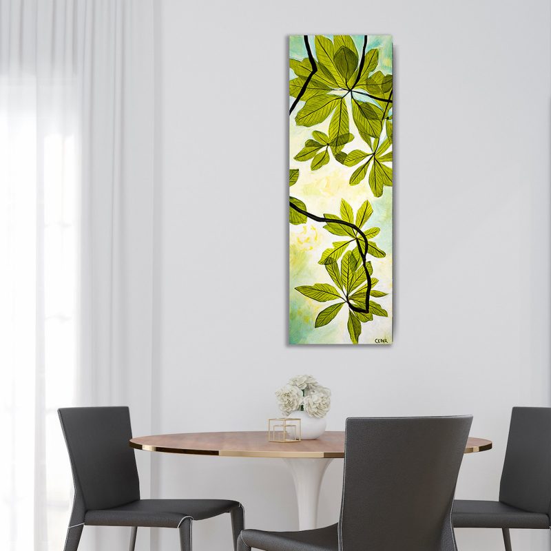 Painting of rhododendron leaves in bright sky