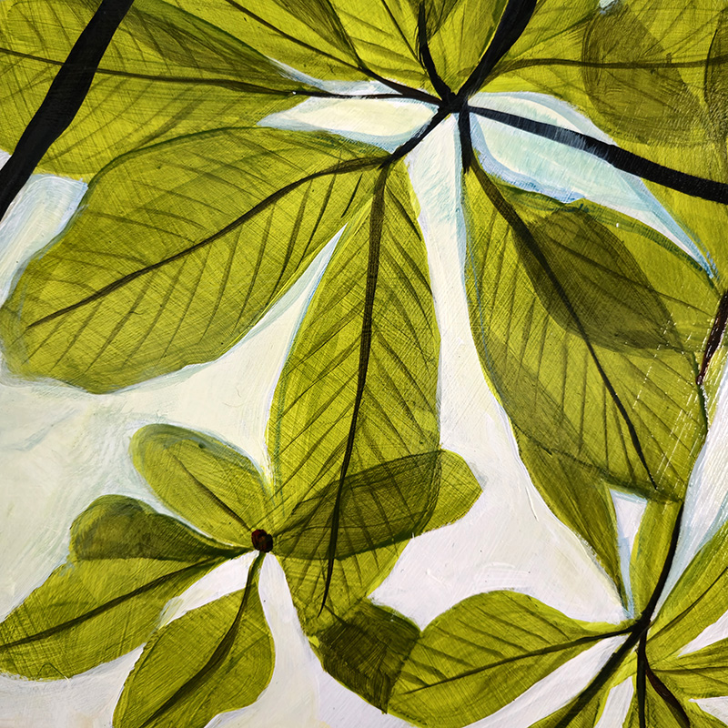 Close-up detail from Painting of rhododendron leaves in bright sky