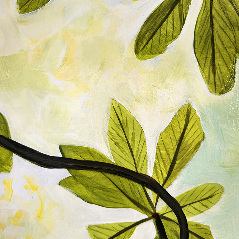Close-up detail from Painting of rhododendron leaves in bright sky