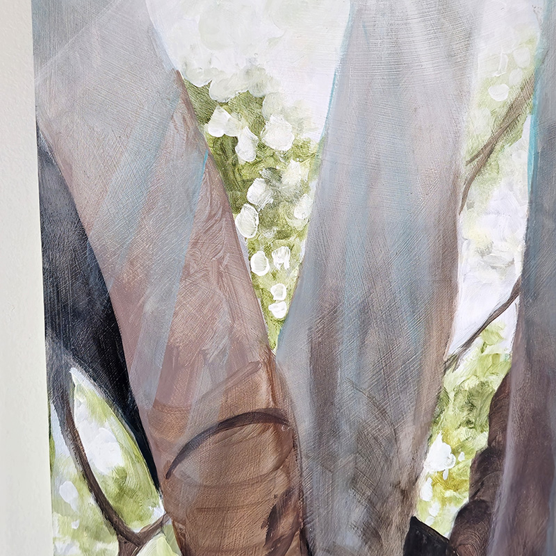 Closeup of tree trunks in Cedar Lee painting