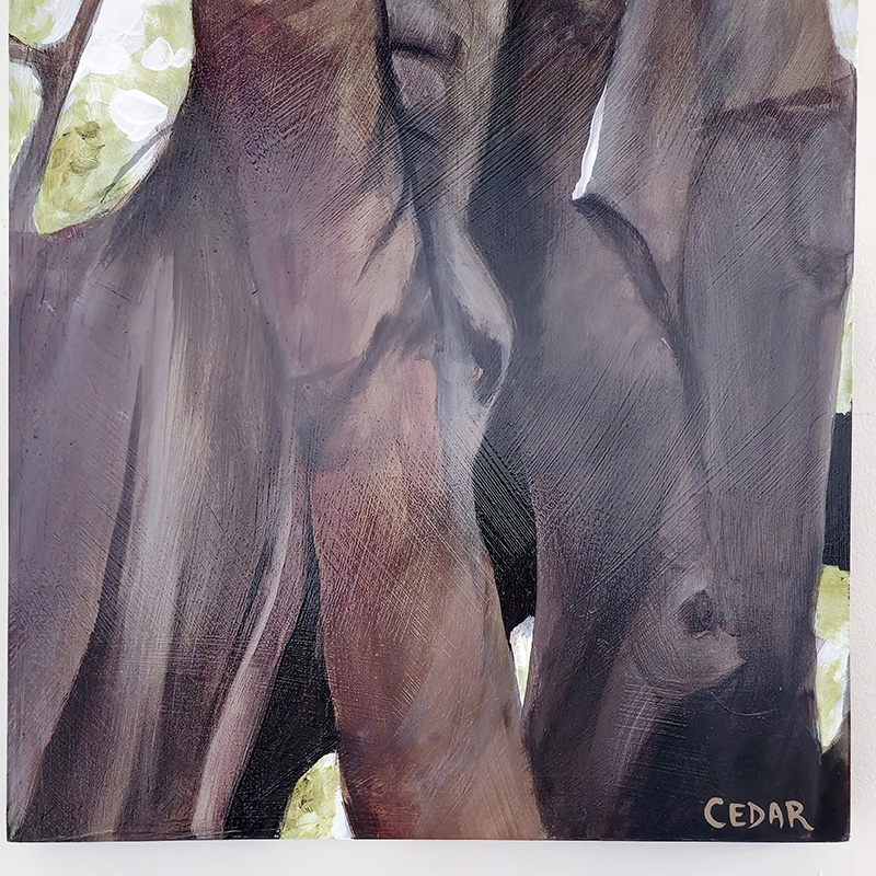 Closeup of tree trunks in Cedar Lee painting