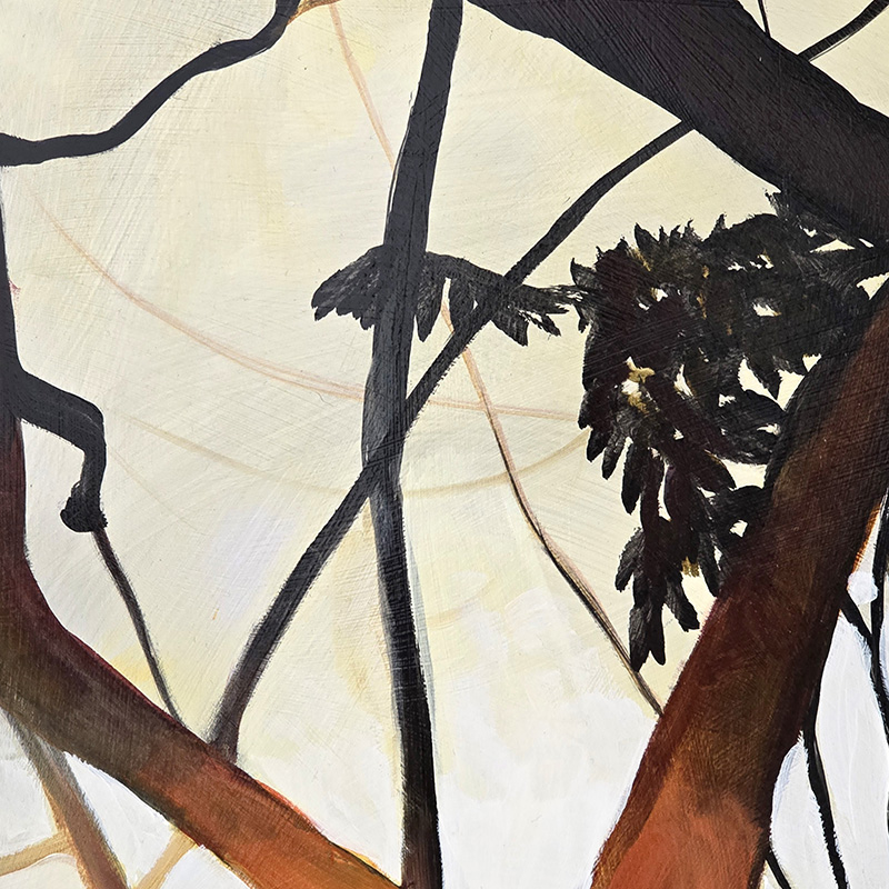 Closeup detail of tree branches in painting titled Sunshine Calls