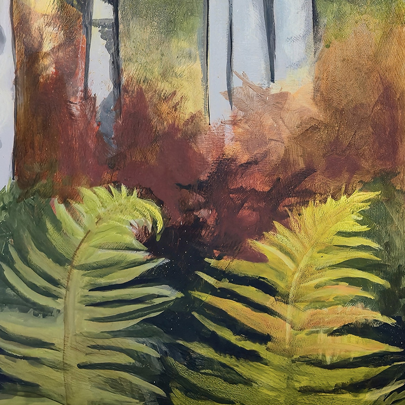 Closeup detail: Ferns on forest floor in Cedar Lee painting