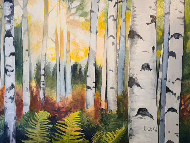 Birch Forest Sunbeams. 30" x 40", Acrylic on Wood, © 2025 Cedar Lee