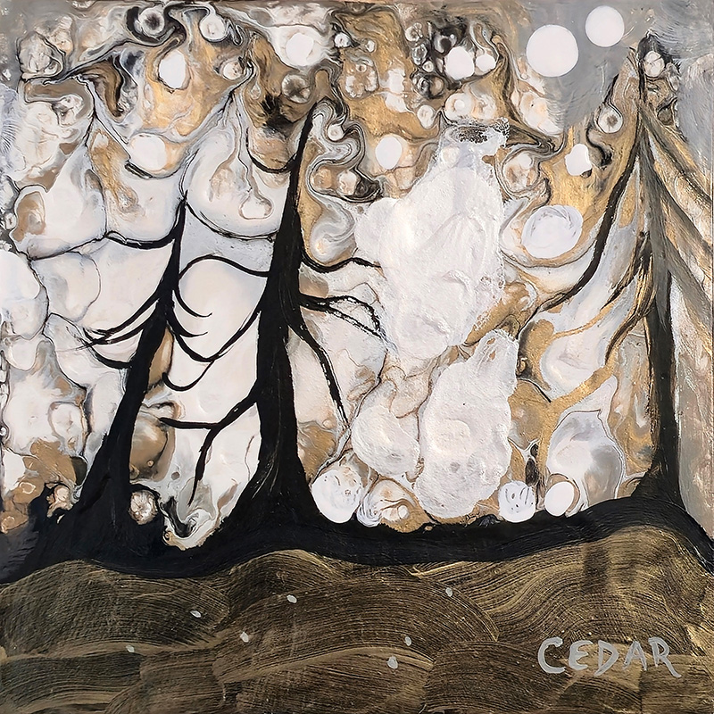 Metallic Trees 2. 6" x 6", Acrylic on Wood, © 2025 Cedar Lee