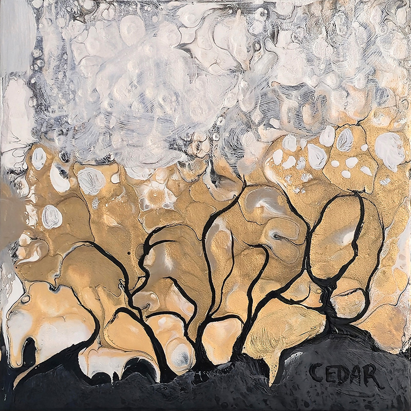 Metallic Trees 3. 6" x 6", Acrylic on Wood, © 2025 Cedar Lee