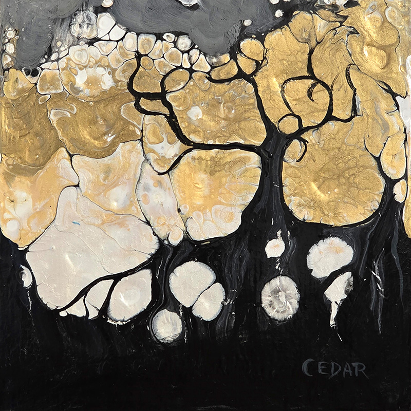 Metallic Trees 5. 6" x 6", Acrylic on Wood, © 2025 Cedar Lee