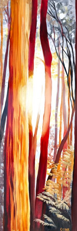 Orange Red Forest. 36" x 12", Acrylic on Wood, © 2024 Cedar Lee