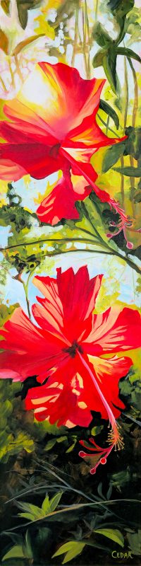 Sunlit Hibiscus. 48" x 12", Acrylic on Wood, © 2025 Cedar Lee