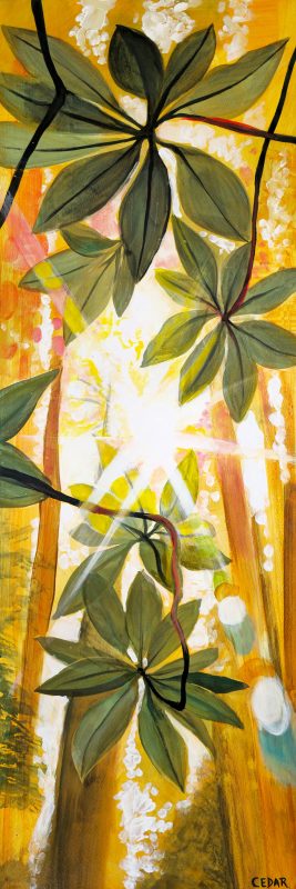 Sunlit Rhododendron: Orange. 36" x 12", Acrylic on Wood, © 2024 Cedar Lee