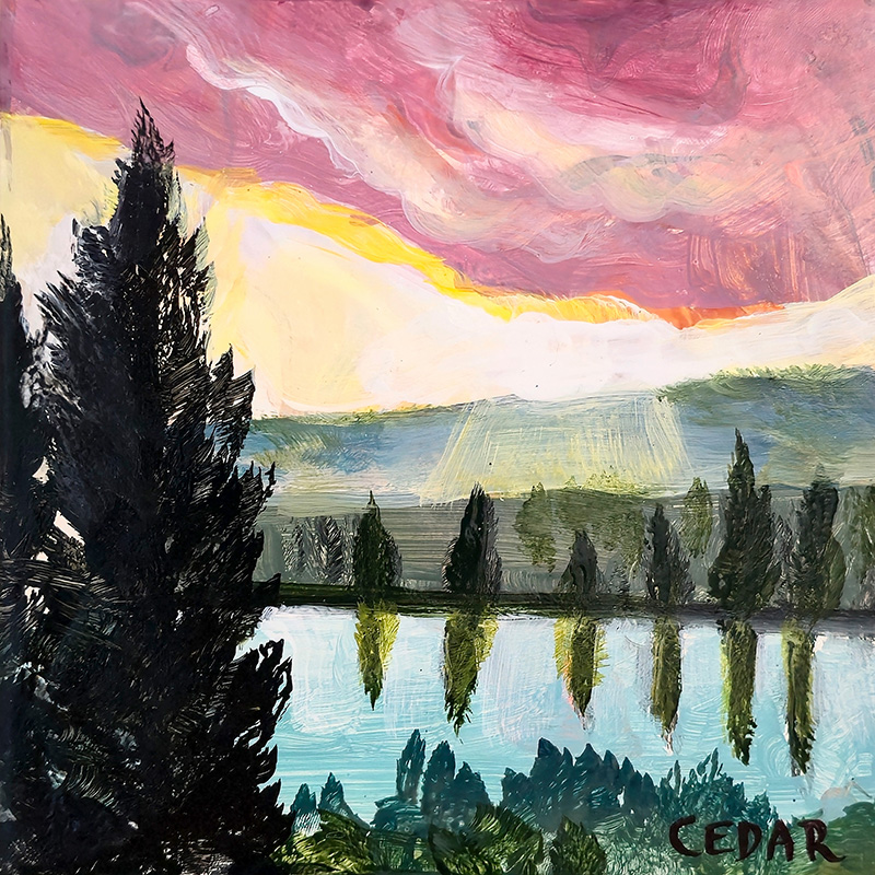 Sunset Over Reservoir. 6" x 6", Acrylic on Wood, © 2025 Cedar Lee