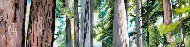 Trunks of Coastal Redwoods. 12" x 48", Acrylic on Wood, © 2025 Cedar Lee
